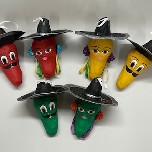 CONJUNTO de SEIS enfeites de PIMENTÃO mexicano, papel machê, Natal mexicano, Adornos Navidad, enfeites de pimentão mexicano, Fiesta de Cinco de Mayo