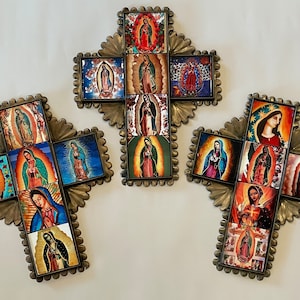 GUADALUPE Tin TILE CROSS, Small, Mexican Tin Cross, Religious Mexico