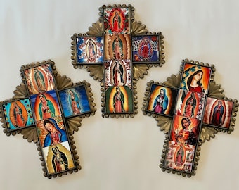 GUADALUPE Tin TILE CROSS, Small, Mexican Tin Cross, Religious Mexico