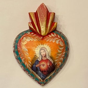 IMMACULATE HEART of MARY, Hand painted Mother of Mary Mexico, Mexico Religious Decor, Mexico Virgin Mary,