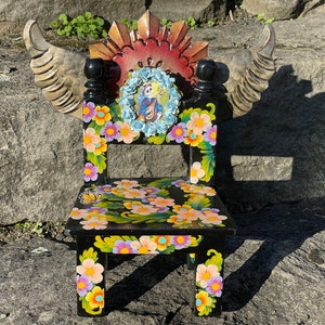Hand painted CHAIR with Day of the Dead Image and Sacred Wings, BLACK, Dia de los Muertos, Mexican Chair Altar, Mexico Wall Decor