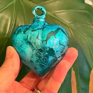 Aquamarine Blown GLASS HEART with Aquamarine Leaf Applique, Small, Aquamarine Blown Glass Heart Ornament, Aqua Glass Heart Ornament