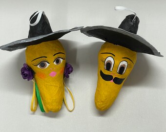 He and She Mexican CHILI PEPPER Ornaments, Paper Mache, YELLOW, Mexican Christmas Ornament, Mexican Folk Art, Cinco de Mayo Fiesta