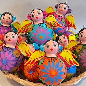 Hand Painted Colorful ANGEL Ornament GIRL, ROUND Shaped, Paper Mache, Mexican Ornament, Mexican Angel, Christmas Ornament