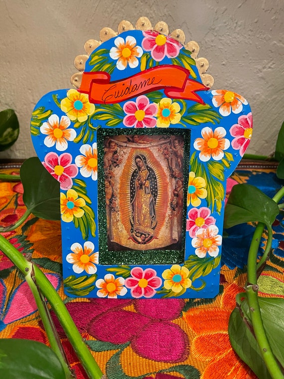 Tin GUADALUPE NICHO With HANDPAINTED Flowers, Purple Background