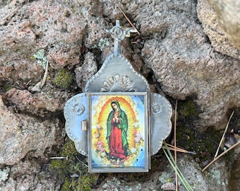 Nicho with Virgin of Guadalupe, Miniature, Antiqued, Mexican Nicho, Mexico Religious Art, Rustic Nicho