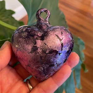 Purple Blown GLASS HEART with Purple Leaf Applique, Small, Purple Blown Glass Heart Ornament, Purple Glass Heart Ornament