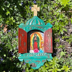 Antiqued Turquoise Nicho, VIRGIN of GUADALUPE Image, Mexican Nicho, Mexico Religious Art