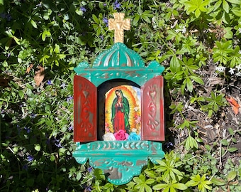 Antiqued Turquoise Nicho, VIRGIN of GUADALUPE Image, Mexican Nicho, Mexico Religious Art