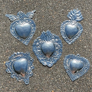 Tin SACRED Heart Ornaments, Natural, S/5, Tin Heart Ornaments, Tin Milagro Ornaments, Mexican ExVotos