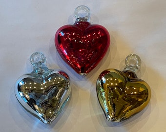 Blown GLASS HEARTS, Mirrored Red, Silver or Gold, Blown Glass Heart Ornament, Red Glass Heart Ornament, Mexican Ornament, Corazon de Vidrio