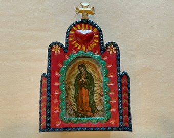 Tin Guadalupe Nicho, RED, Mexican Tin Nicho, Guadalupe Decor,
