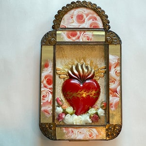 GROSSER antiker NICHO mit SACRED Heart, Sacred Heart Retablo, mexikanische Zinn Nicho, Zinn Retablo, Sagrado Corazon