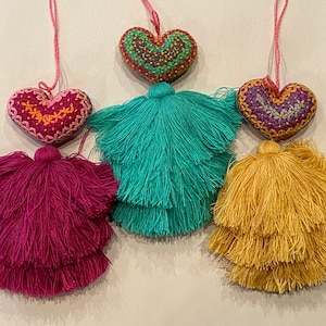 SET of THREE Hand Embroidered HEARTS with Mini Flowers and Fluffy Tassel, Mexican Heart Ornament, Handmade Heart, Chiapas Heart, Corazon