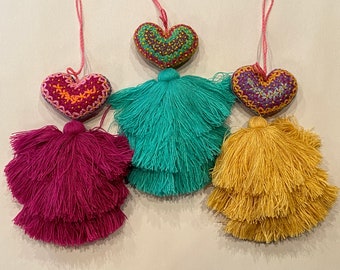 SET of THREE Hand Embroidered HEARTS with Mini Flowers and Fluffy Tassel, Mexican Heart Ornament, Handmade Heart, Chiapas Heart, Corazon