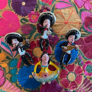Guerrero MARIACHI Ornaments, SET of FOUR, Los Mariachis, Clay Mariachi Ornaments, Christmas in Mexico