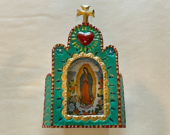 Tin Guadalupe Nicho, TURQUOISE, Mexican Tin Nicho, Guadalupe Decor,