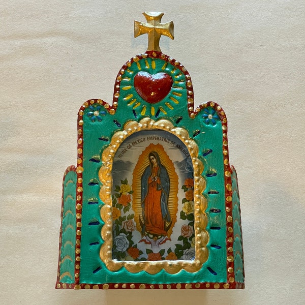 Etain Guadalupe Nicho, Turquoise, Etain Nicho mexicain, Guadalupe Decor,