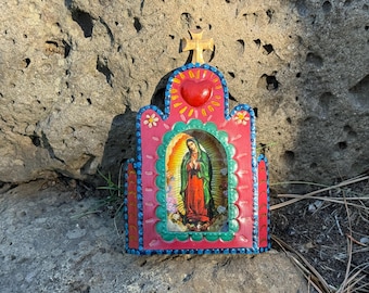 Tin Guadalupe Nicho, RED, Mexican Tin Nicho, Guadalupe Decor,