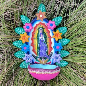 Decoración de pared VIRGEN de Guadalupe con pila, arcilla, Virgen de Guadalupe, Decoración de pared de Guadalupe, Figura de Guadalupe