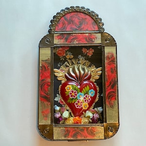 GROSSER antiker NICHO mit SACRED Heart, Sacred Heart Retablo, mexikanische Zinn Nicho, Zinn Retablo, Sagrado Corazon