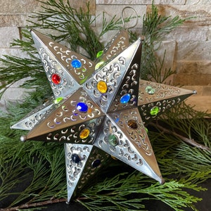 Tin MORAVIAN STAR with COLORFUL Marbles, Silver (Natural) Finish, Estrellas, Moravian Star Ornament, Mexican Tree Topper, Punched Tin Star