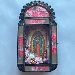 Antiqued VIRGIN of GUADALUPE NICHO, Guadalupe Retablo, Mexican Tin Nicho, Nicho Guadalupe