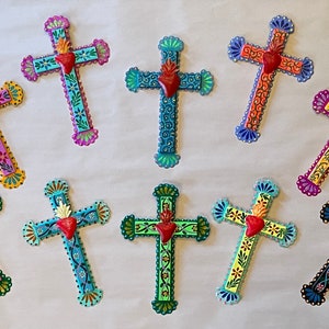 Mexican Tin Cross, Tin Cross Ornament, Hand Painted Mexican Cross, Cross with Sacred Heart