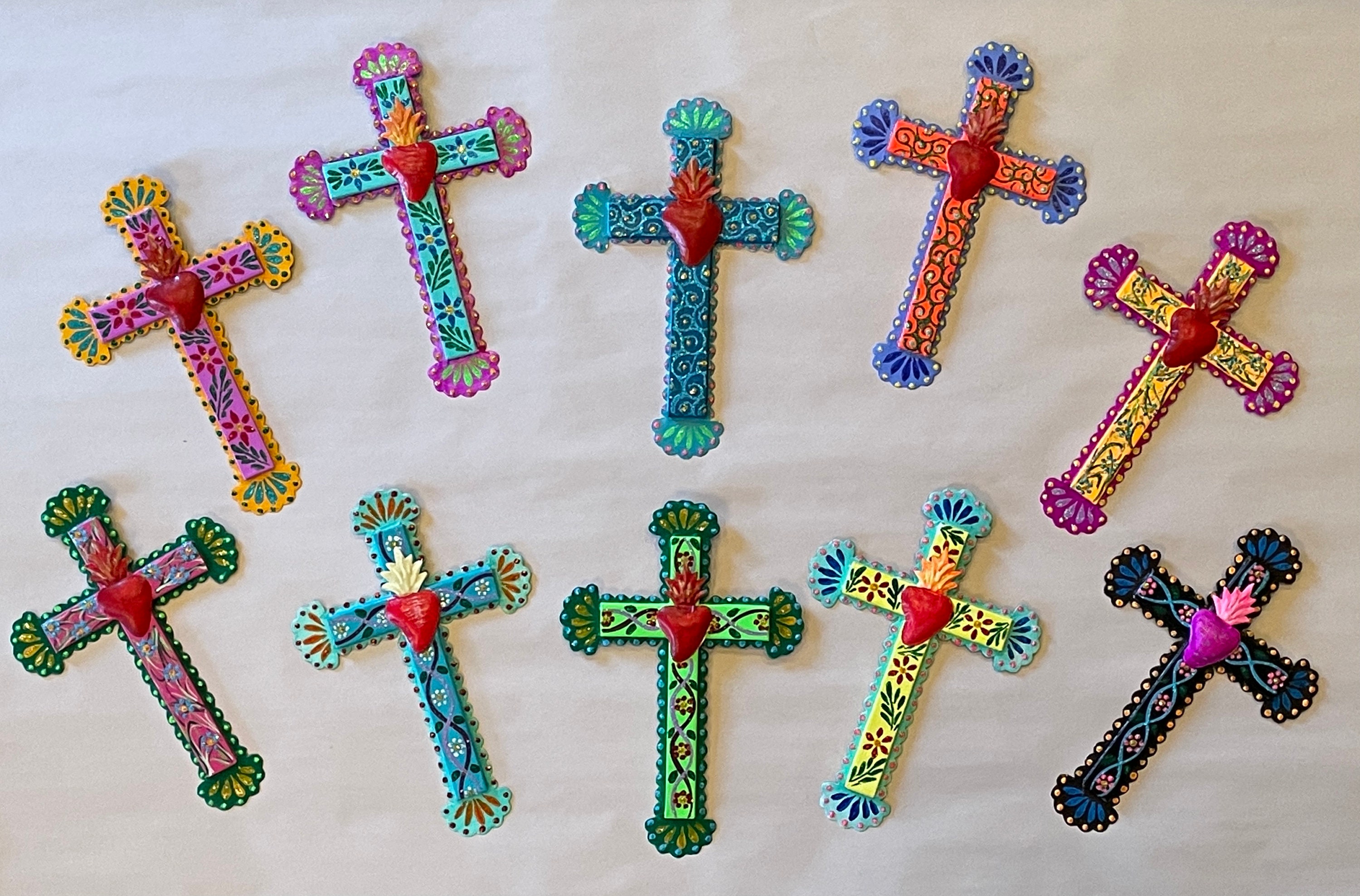 Mexican Tin Cross, Tin Cross Ornament, Hand Painted Mexican Cross, Cross with Sacred Heart