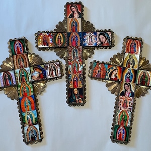 GUADALUPE Tin TILE CROSS, Mexican Tin Art, Mexican Religious Art, Guadalupe Tiles