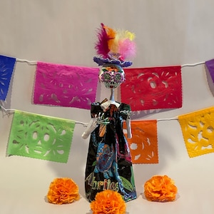 Catrina, Day of the Dead, CATRINA with FEATHERS, Paper Mache, Dia de los Muertos Doll, Day of the Dead Doll,