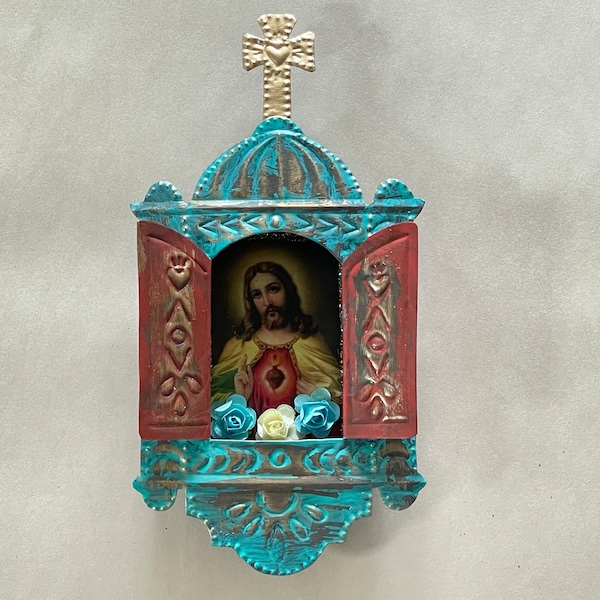 Antiqued Turquoise Nicho, JESUS with SACRED HEART Image, Mexican Nicho, Mexico Religious Art