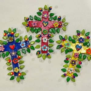Colorful Cross with Heart and Flowers, Barro Betus, Ortega, Mexican Cross, Clay Cross Mexico