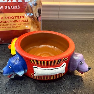 May include: A red, blue, and purple ceramic dog bowl with a white bone design. The bowl has a brown clay interior and is decorated with yellow and red stripes.