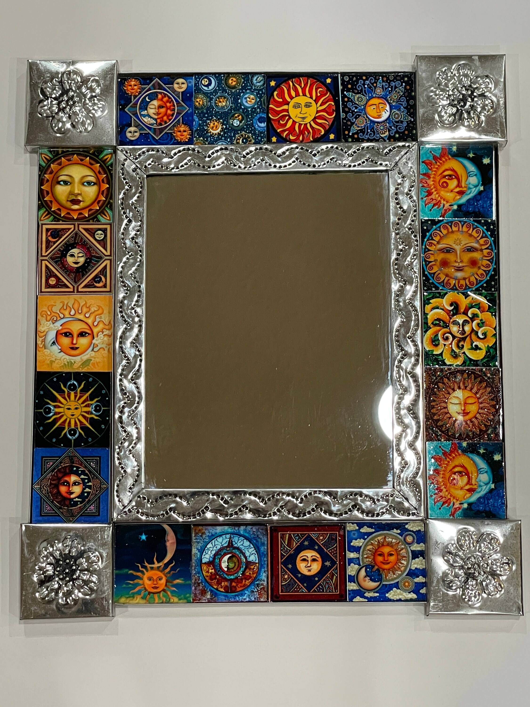 LARGE Tin Mirror With Assorted Sun Tiles, Mexican Tin Art