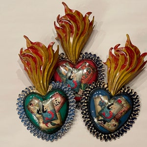 LA SIRENA Sacred Heart with Flames, BLUE, La Sirena Loteria, La Sirena Sacred Heart with Assorted Loteria Images, La Sirena Wall Art