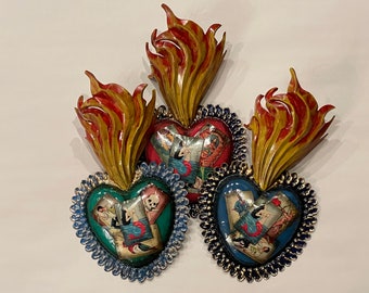 LA SIRENA Sacred Heart with Flames, La Sirena Loteria, La Sirena Sacred Heart with Assorted Loteria Images, La Sirena Wall Art