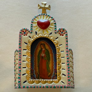 Tin Guadalupe Nicho, Beige, Mexican Tin Nicho, Guadalupe Decor,