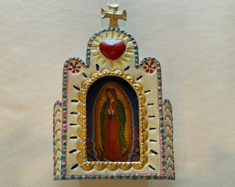Tin Guadalupe Nicho, Beige, Mexican Tin Nicho, Guadalupe Decor,