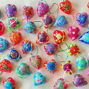 SET of THREE SMALL Heart Ornaments, Paper Mache, Valentine Heart Ornament, Christmas Heart Ornament, Mexican Heart Ornament