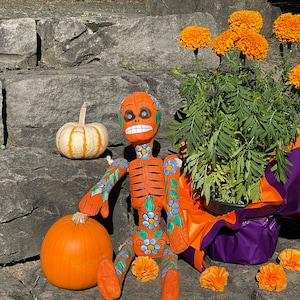 X-Large Paper Mache Mexican Calavera, Orange, Day of the Dead Skeleton, Dia de los Muertos Ornament, Paper Mache Skull