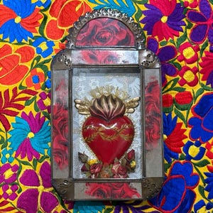 GROSSER antiker NICHO mit SACRED Heart, Sacred Heart Retablo, mexikanische Zinn Nicho, Zinn Retablo, Sagrado Corazon