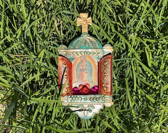 Antiqued Turquoise Nicho, VIRGIN of GUADALUPE Image, Mexican Nicho, Mexico Religious Art
