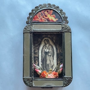Antiqued VIRGIN of GUADALUPE NICHO, Guadalupe Retablo, Mexican Tin Nicho, Nicho Guadalupe