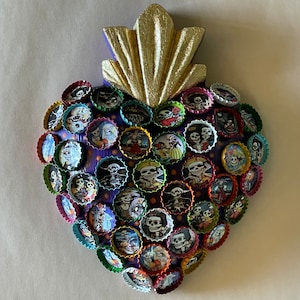 DAY of the DEAD SACRED Heart, Images in Bottle Caps, Purple Background, Dia de Muertos, Calavera Sacred Heart, Mexico Dia de los Muertos