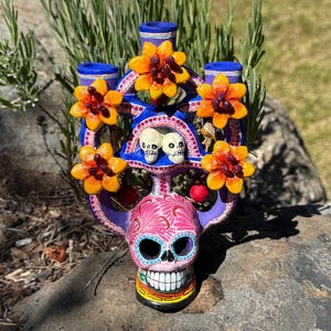 TREE of DEATH Candelabra, Clay, Mexican Tree of Death, Mexican Pottery, Arbol de la Muerte, Mexican Sculpture, Mexico Calavera, Mexico Skull