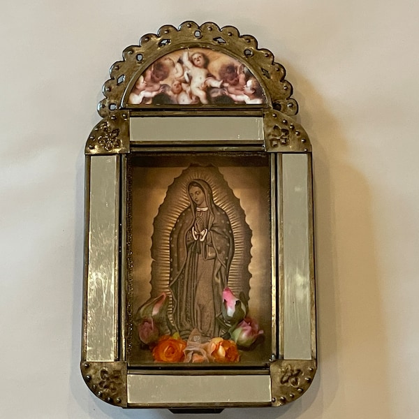 Antiqued VIRGIN of GUADALUPE NICHO, Guadalupe Retablo, Mexican Tin Nicho, Nicho Guadalupe