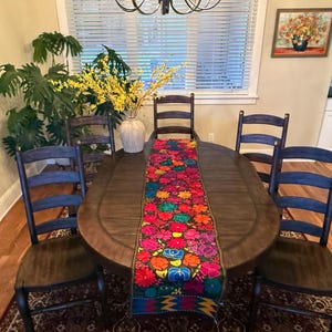 Mexican Table Runner, LONG -8 1/2&#39;!, Floral Design on Brown, Chiapas Table Runner, Embroidered Mexico Runner, Woven Bed Runner