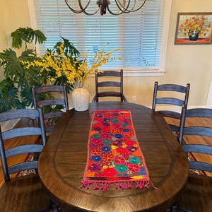 Mexican Table Runner, 4 1/2&#39; Long, Floral Design on Yellow, Chiapas Table Runner, Embroidered Mexico Runner, Woven Bed Runner