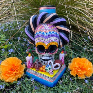 Frida Ofrenda with Candle Holder, Day of the Dead Calavera, Mexico Dia de los Muertos, Altar Ofrenda